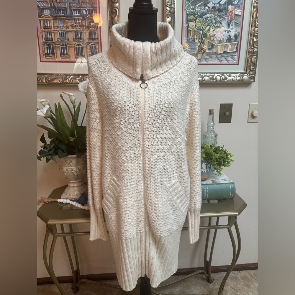 Moda International Cream Cowl Neck Long Cardigan Knit Zip Sweater Coat Sz M-L